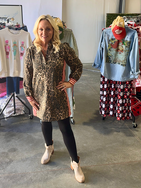Leopard dress with stipe detail
