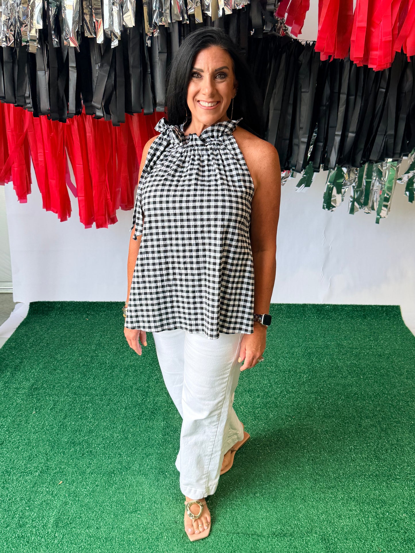 Black and white gingham top with bow