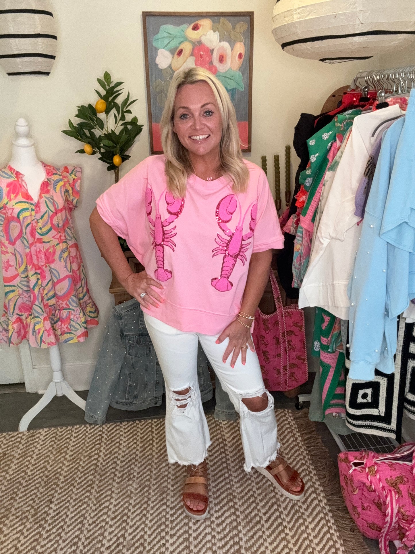 Lobster sequin patch oversized t shirt summer pink warehouse sale