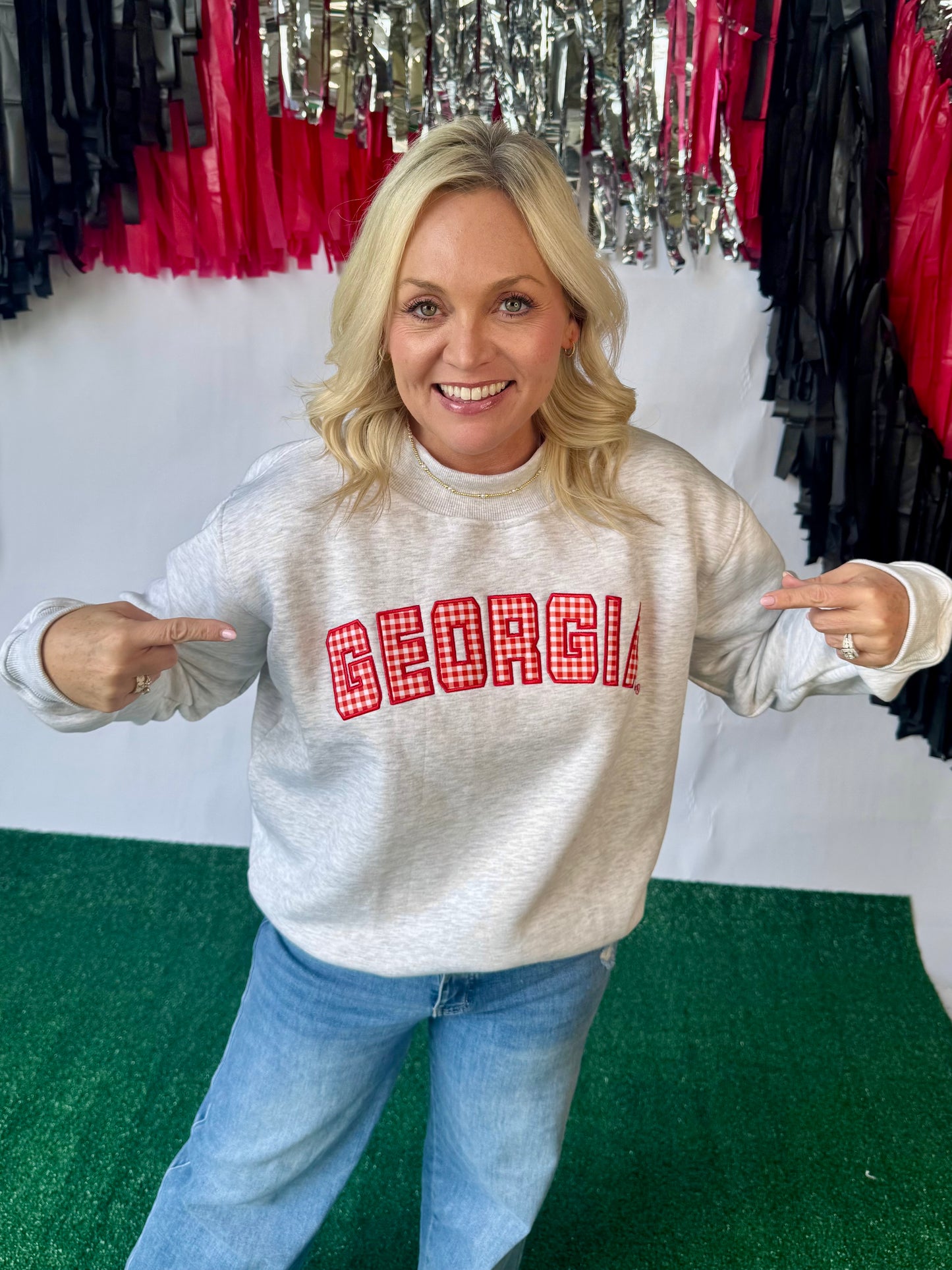 Licensed mock neck ash gray gingham embroidered Georgia