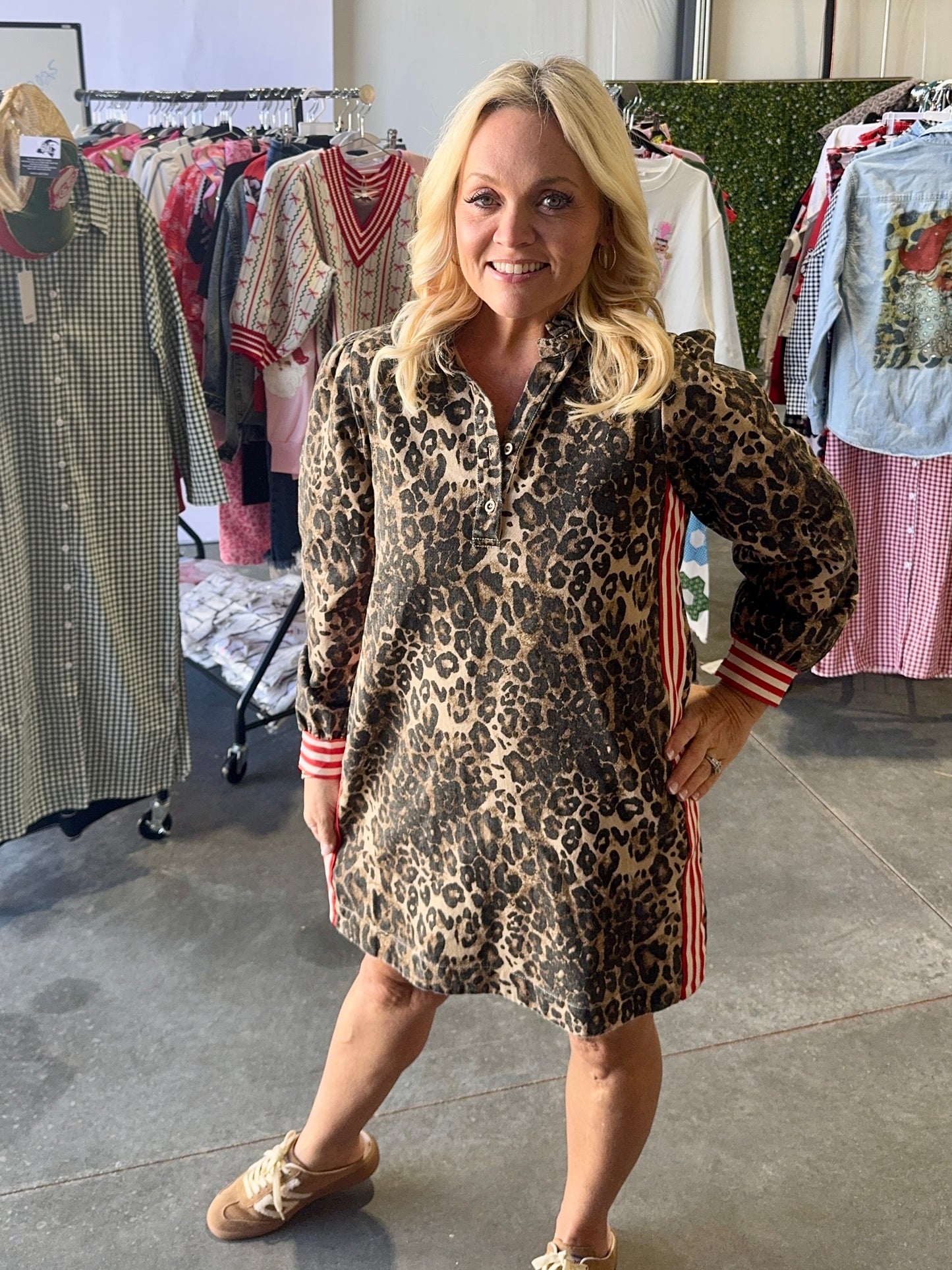 Leopard dress with stipe detail