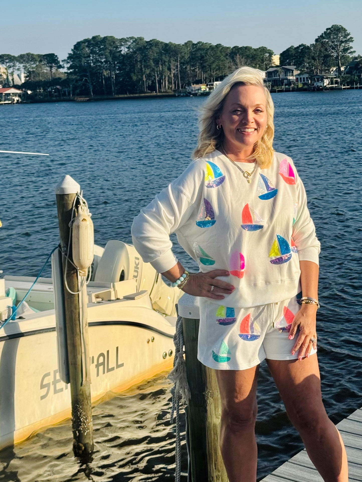 Sequin sailboat short and sweatshirt set marked down