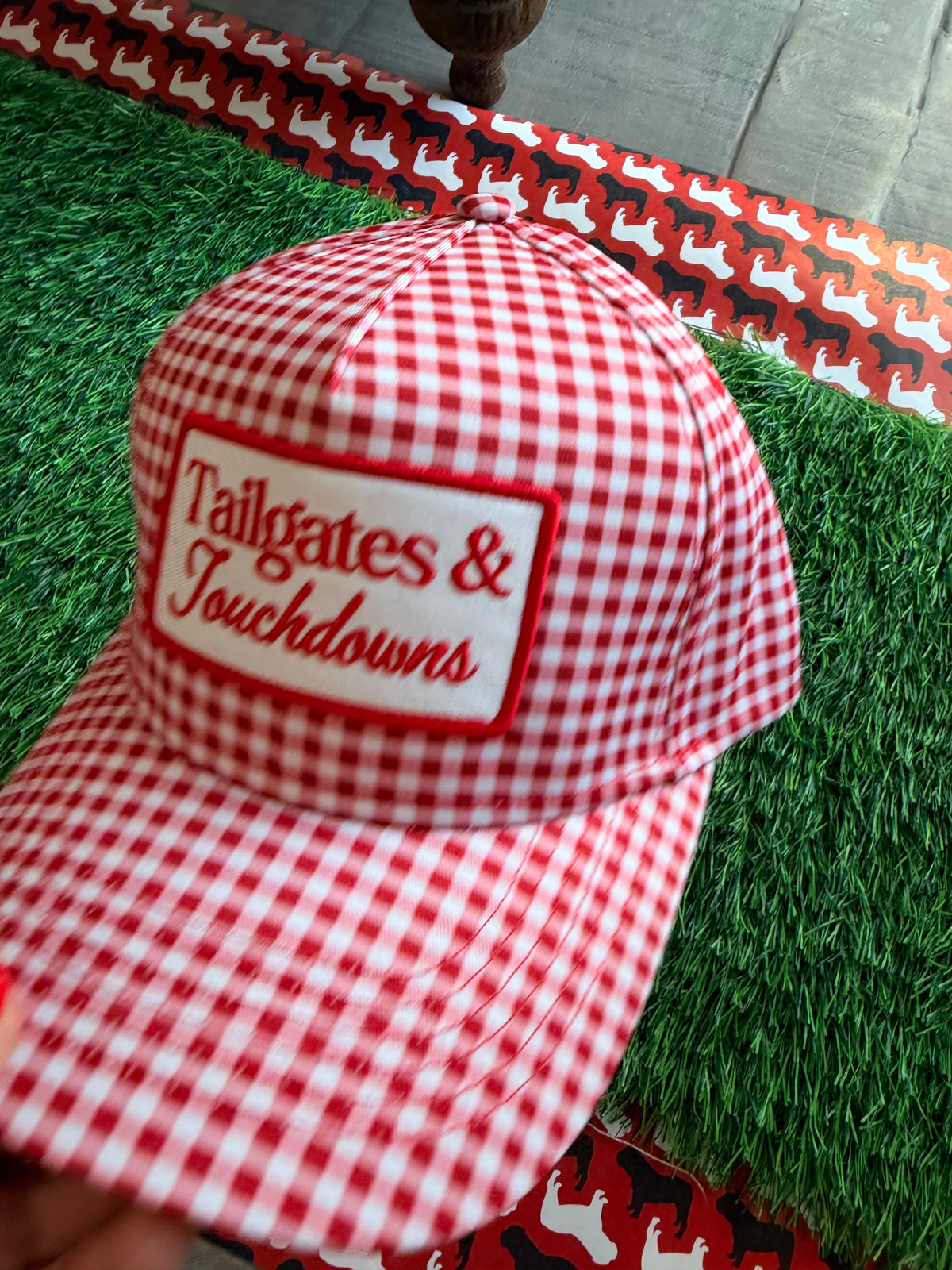 Red and white gingham hat