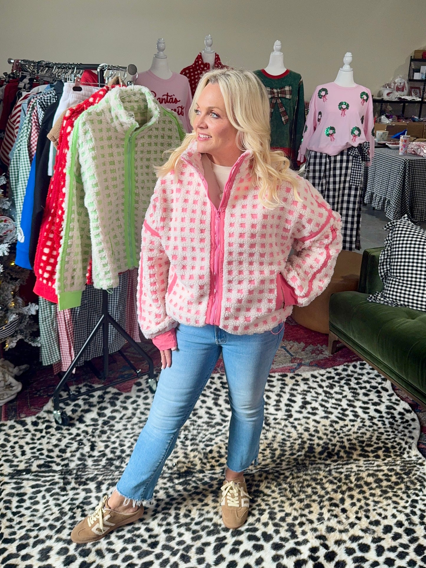 Pink and cream checked Sherpa jacket