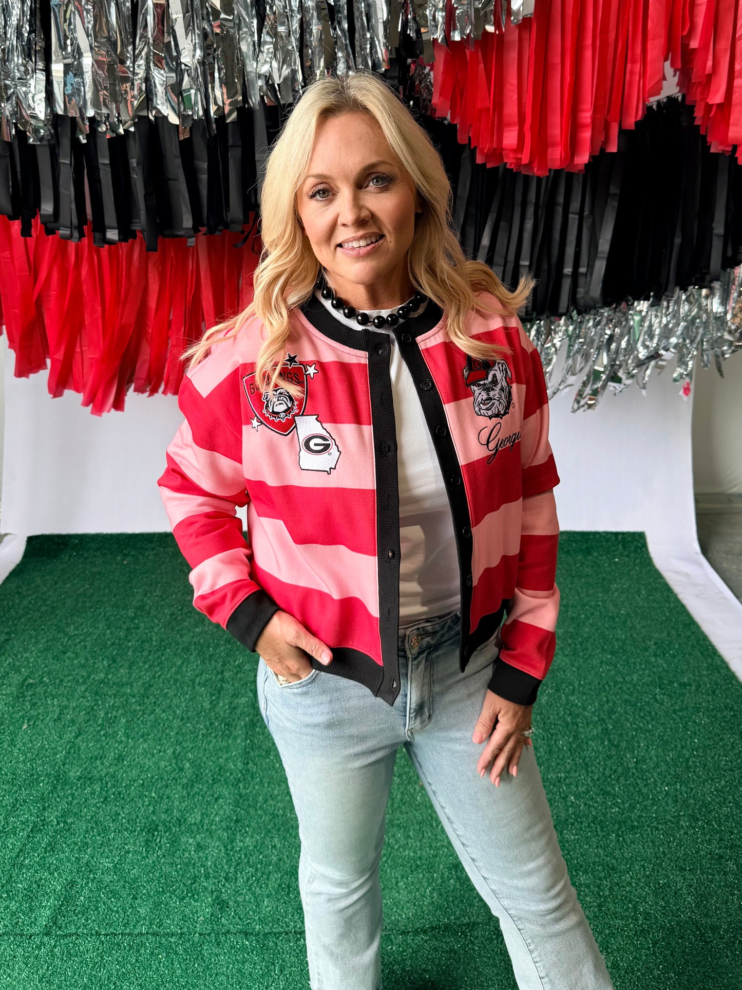 Pink and red striped cardigan with patches licensed up to 3X