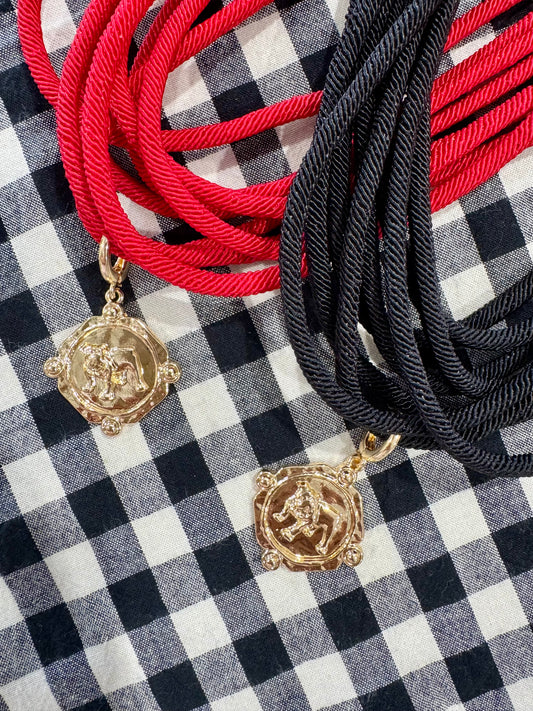 Black or red rope necklace with bulldog medallion charm