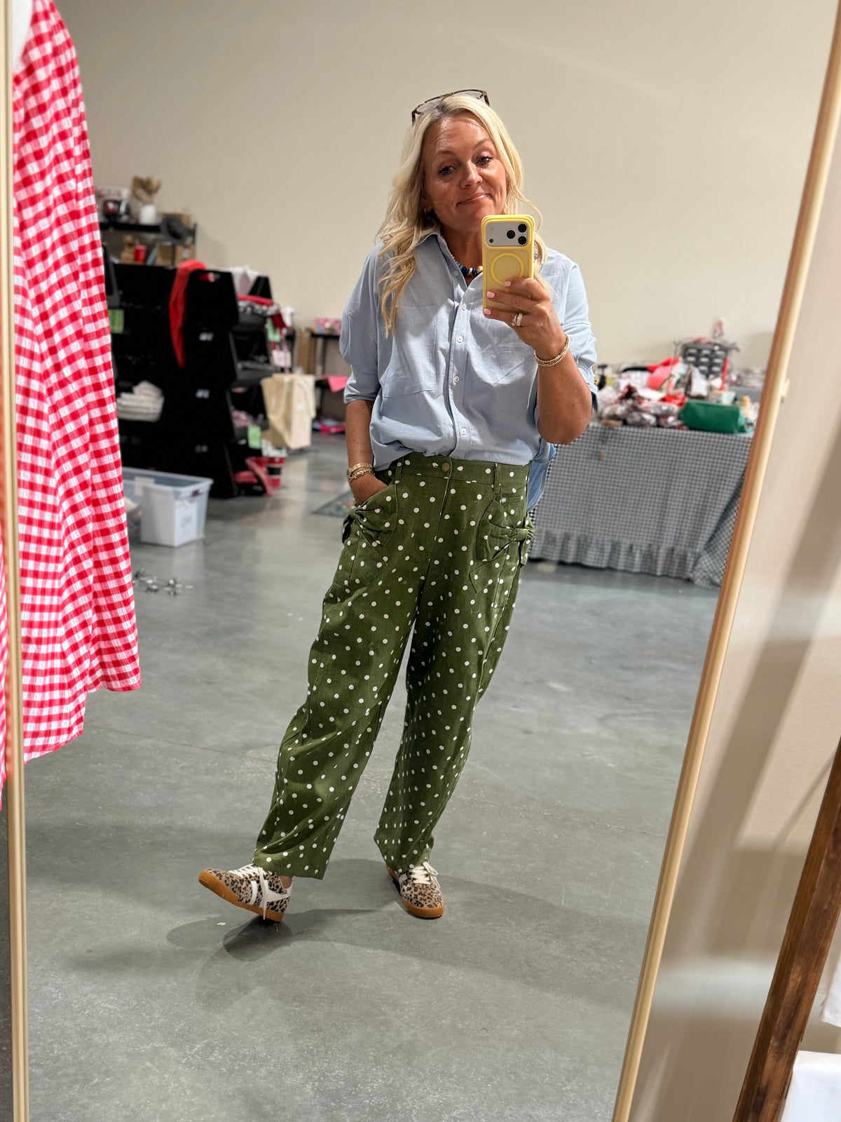 Olive green polka dot barrel pants up to 3X