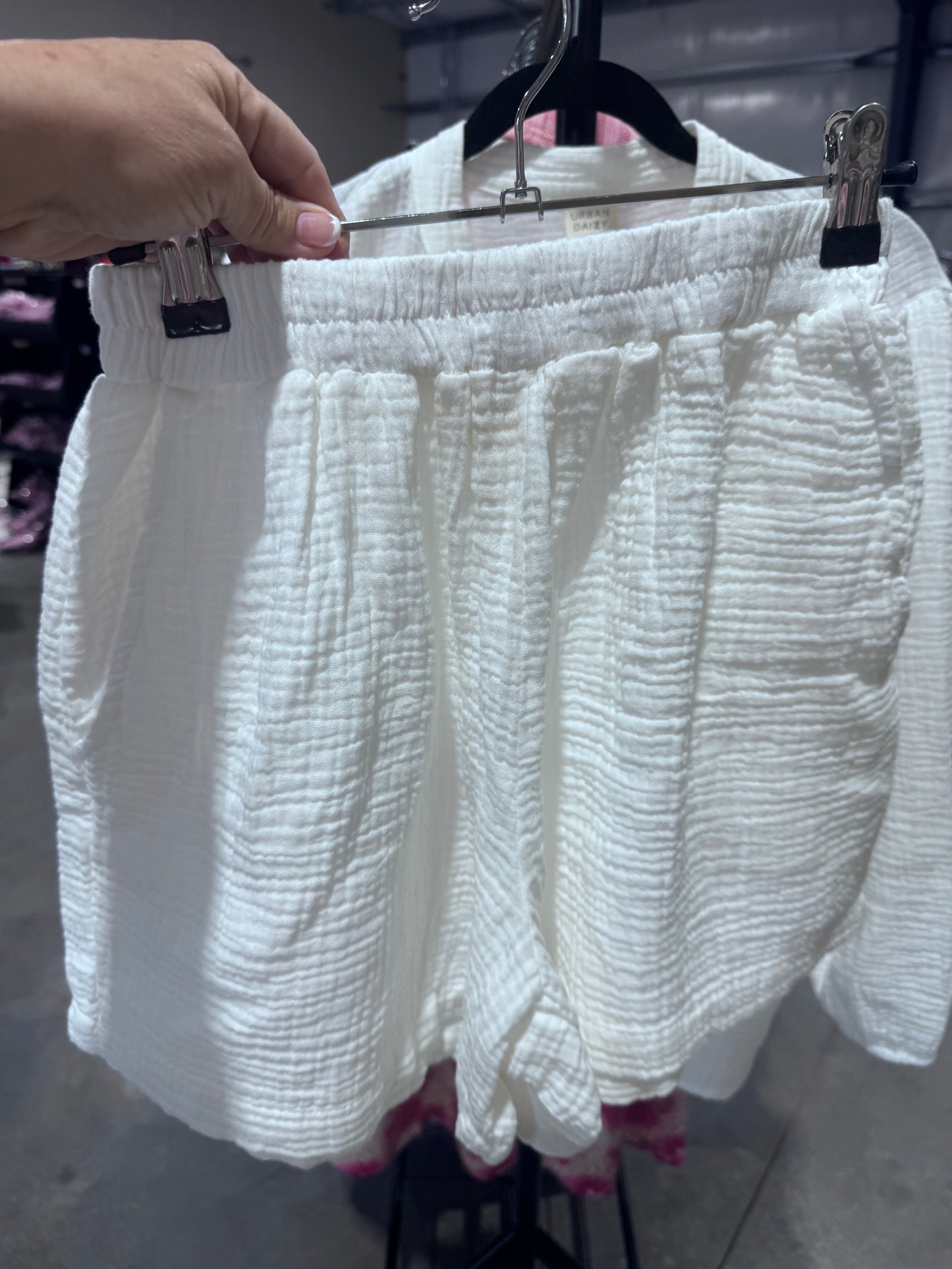 White gauze flowy top and matching shorts