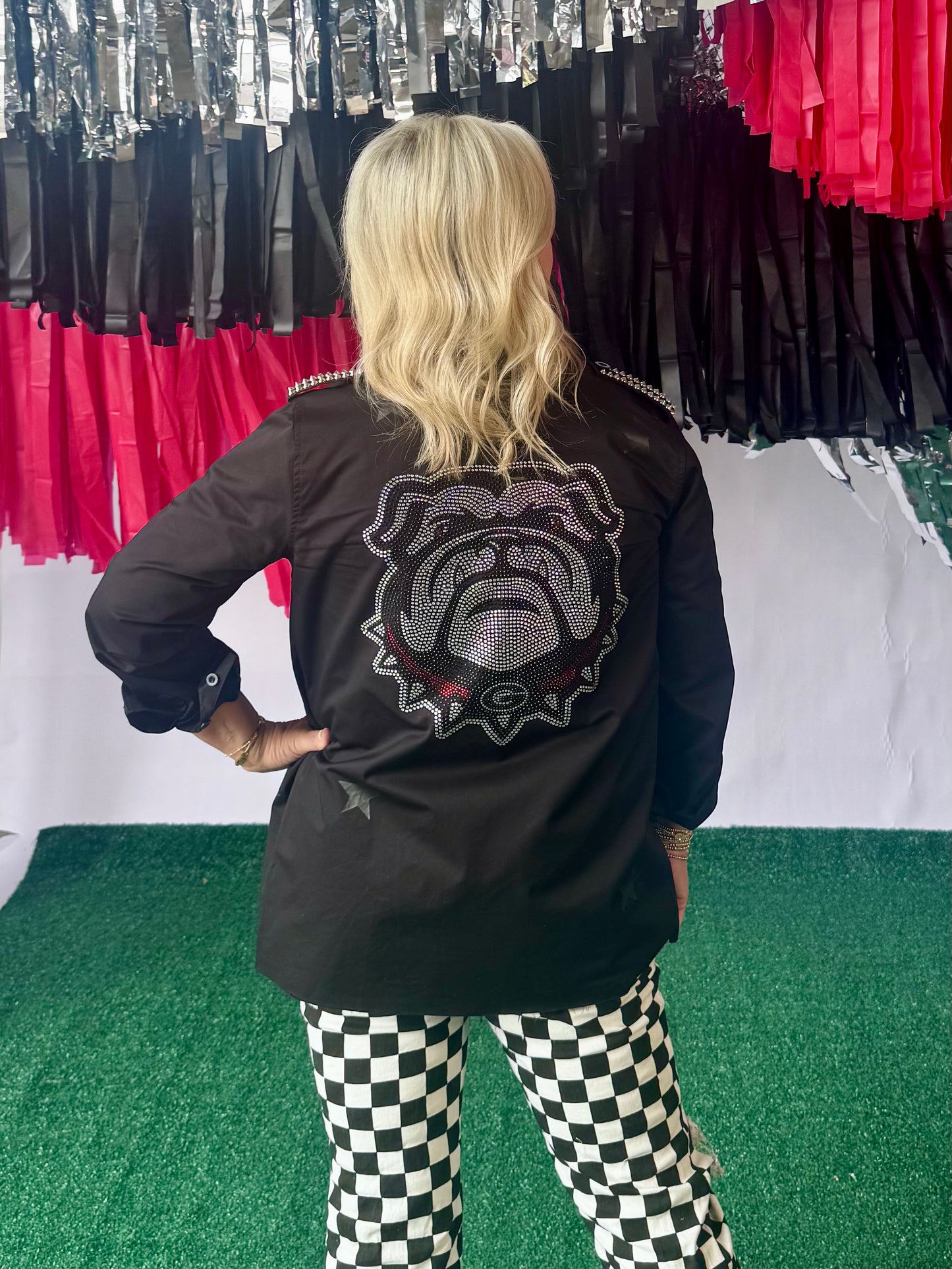 Licesnsed shacket black with studs and rhinestones