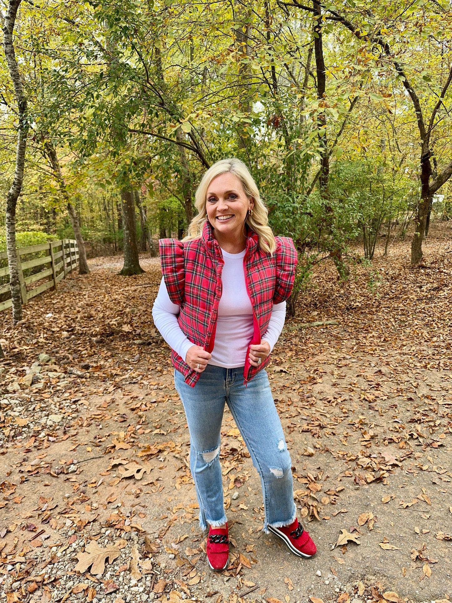 Plaid puffer vest with ruffle sleeves Christmas Winter marked down!