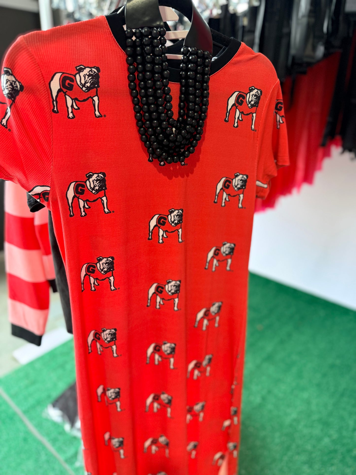 Red long ribbed bulldog maxi dress licensed