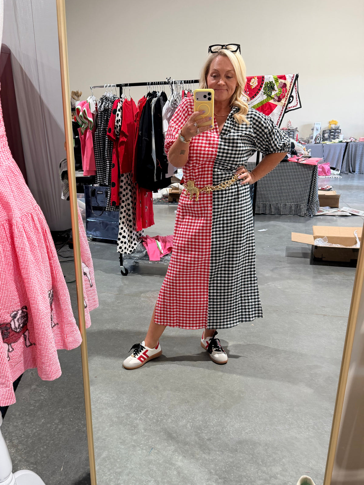 Gingham red and black maxi shirt dress