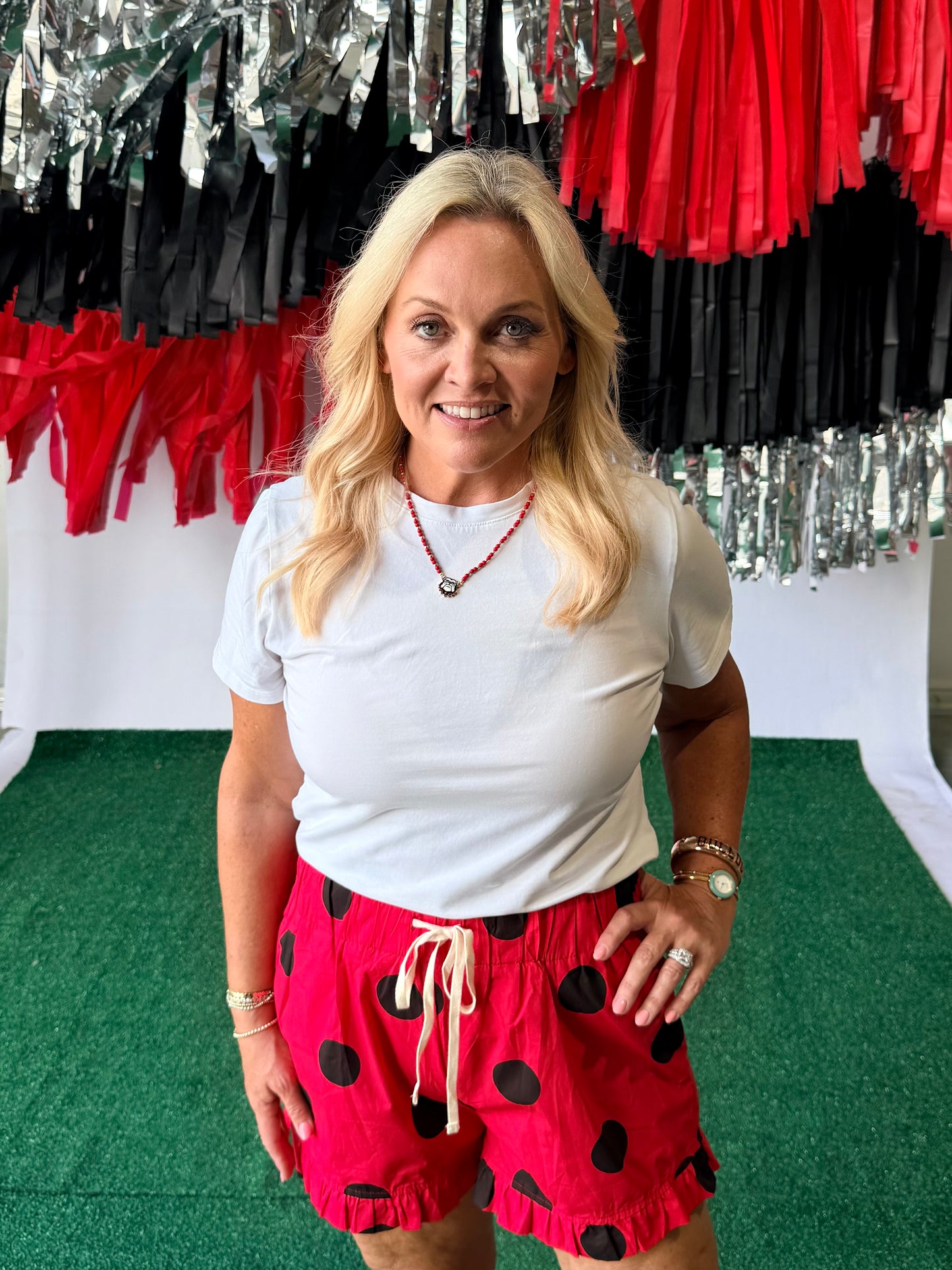Ruffle game day red and black polka dot shorts