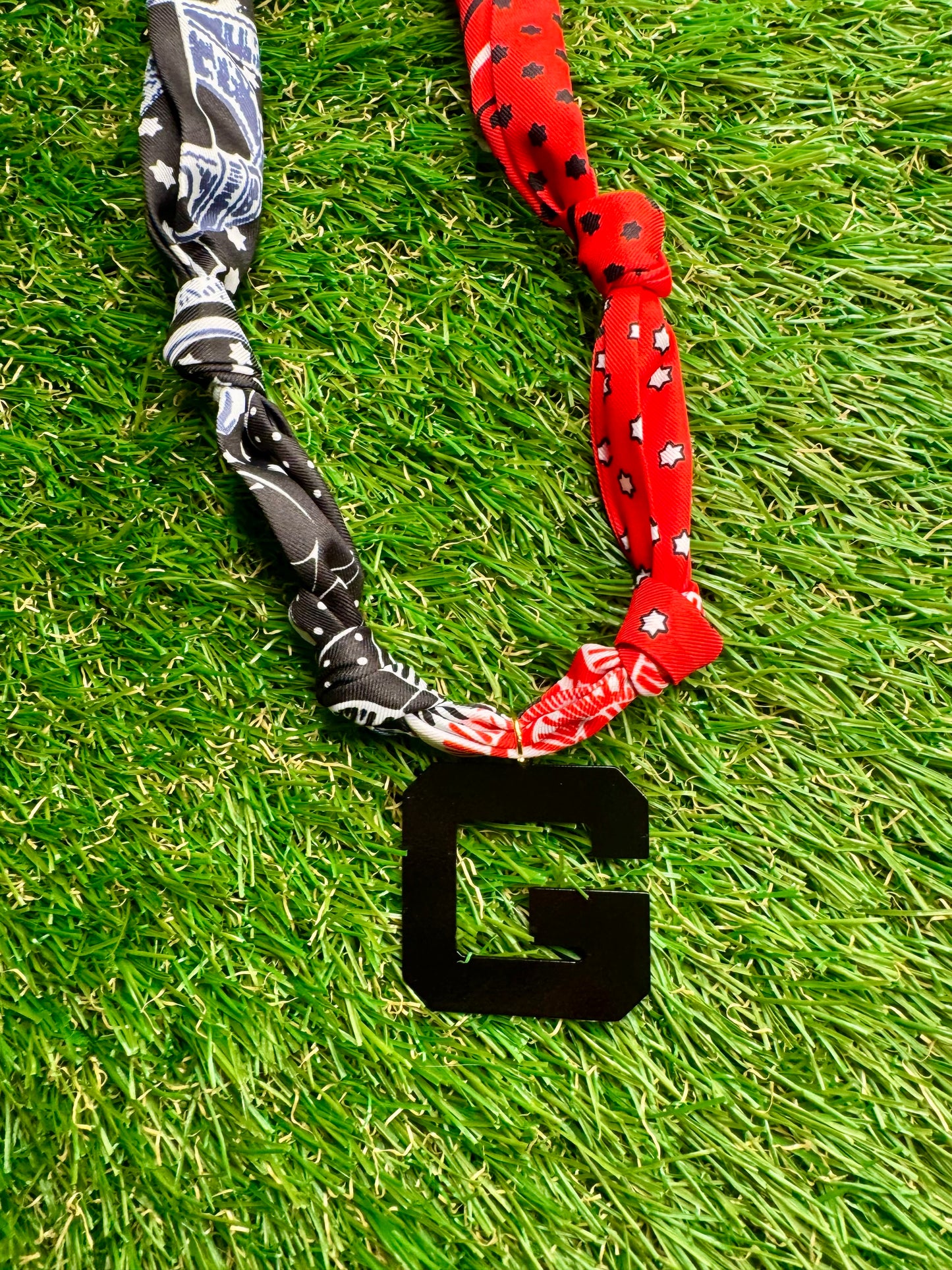 Black G charm scarf necklace