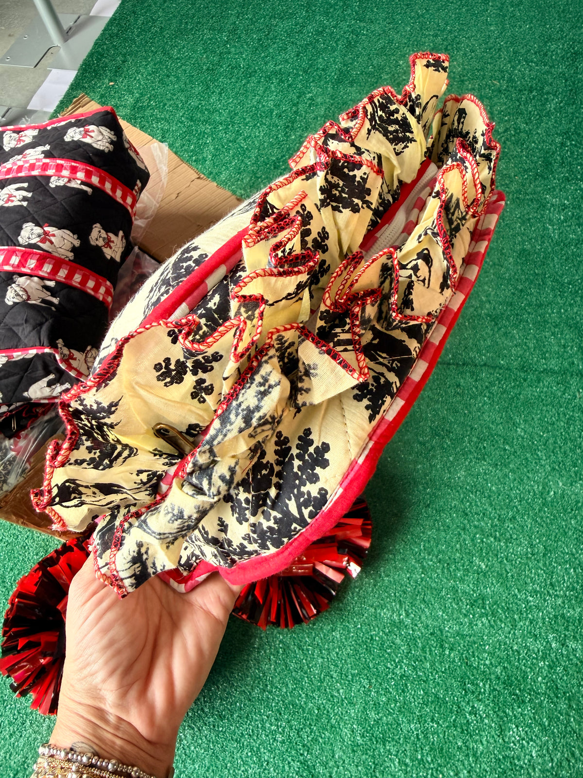 Exclusive bulldog toile cosmetic bag with ruffle