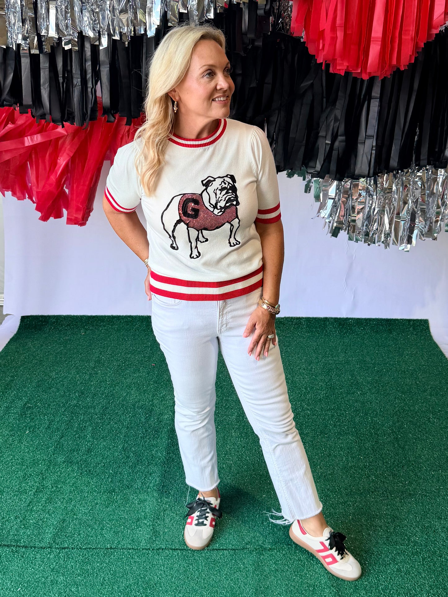 Varsity Licensed thin knit top sequin classic bulldog