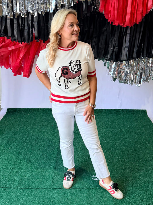 Varsity Licensed thin knit top sequin classic bulldog