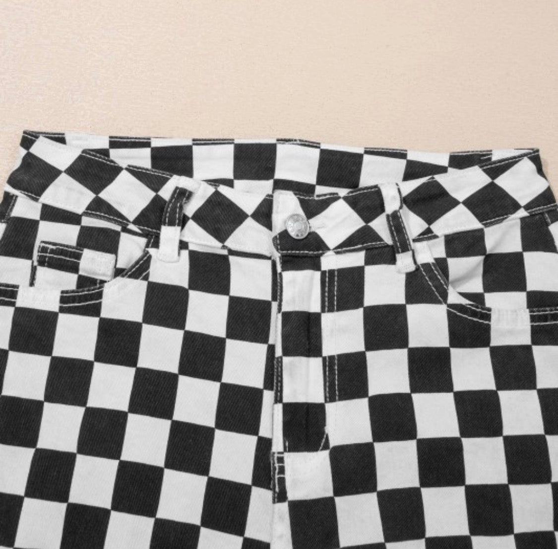 Game day black and white checked distressed raw edge jeans