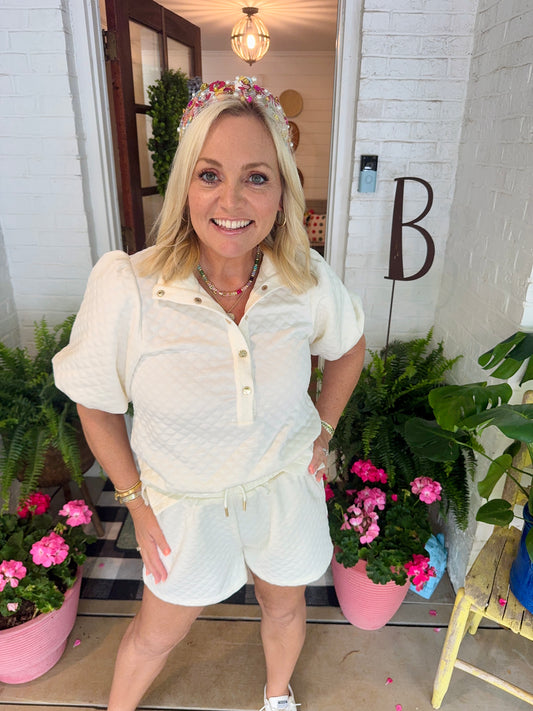 White cream ivory summer set jacquard bubble sleeve marked down