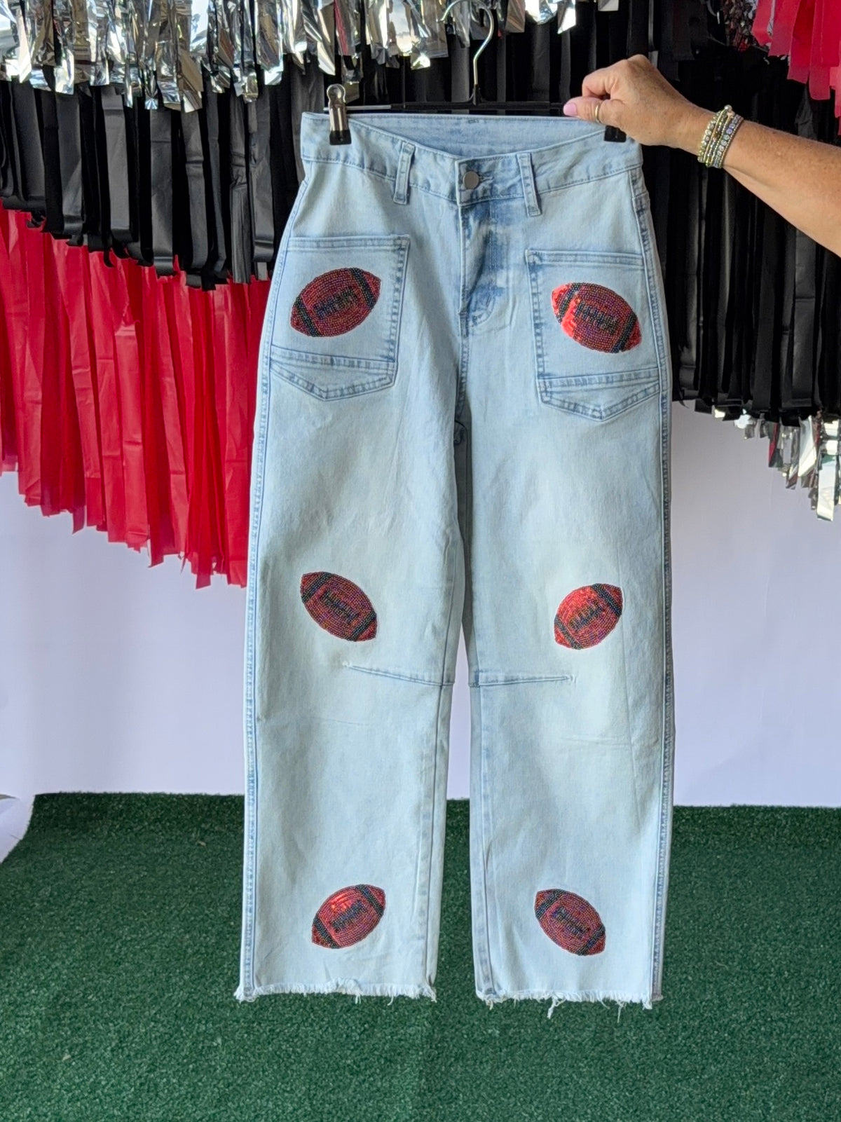Denim jeans sequin red footballs