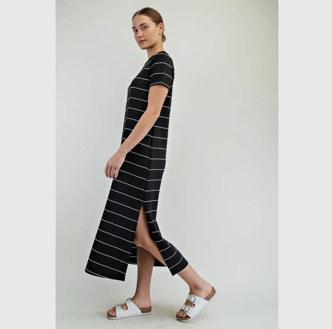 Modal scuba black and white striped maxi dress