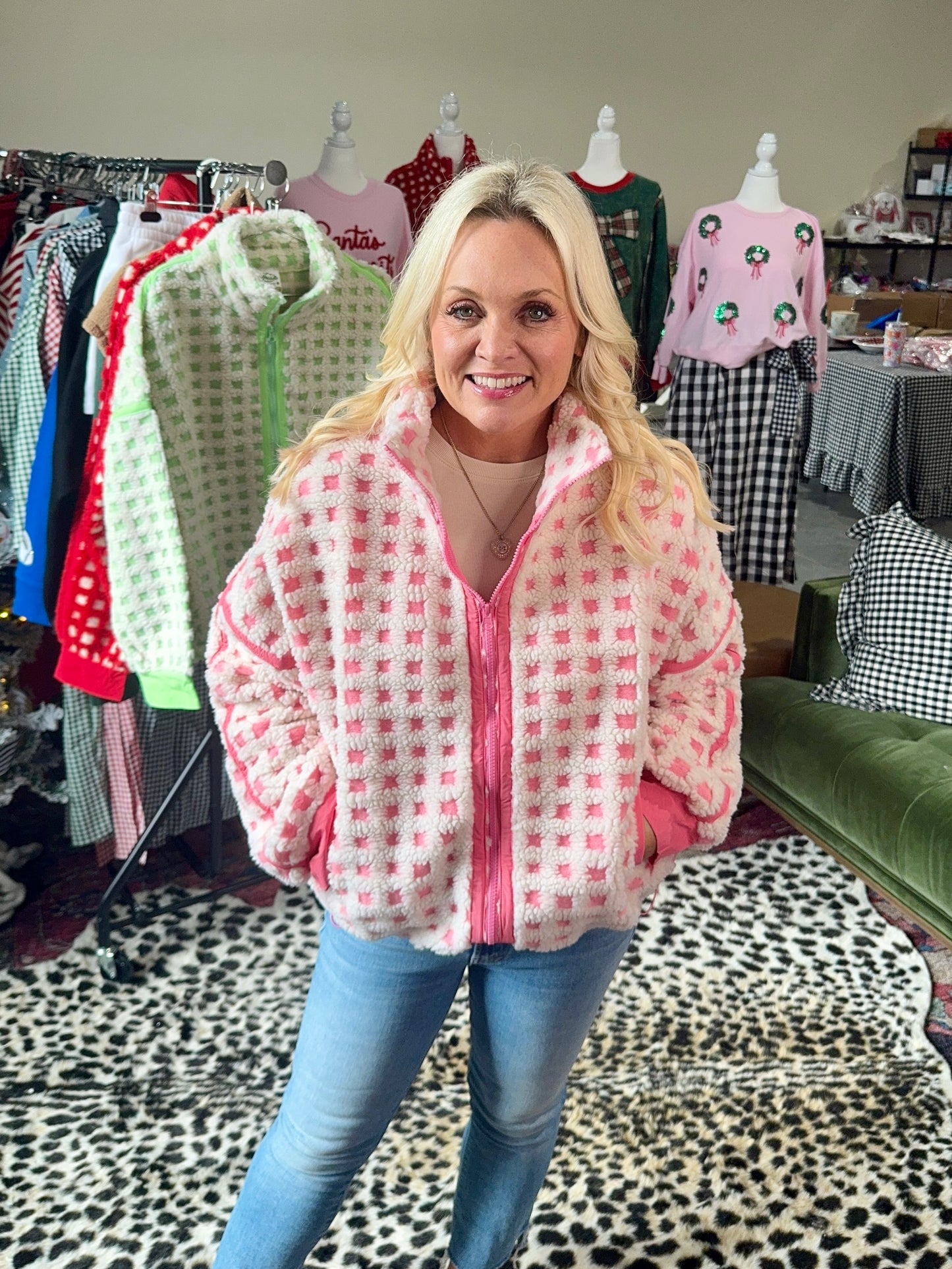 Pink and cream checked Sherpa jacket