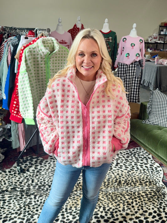 Pink and cream checked Sherpa jacket