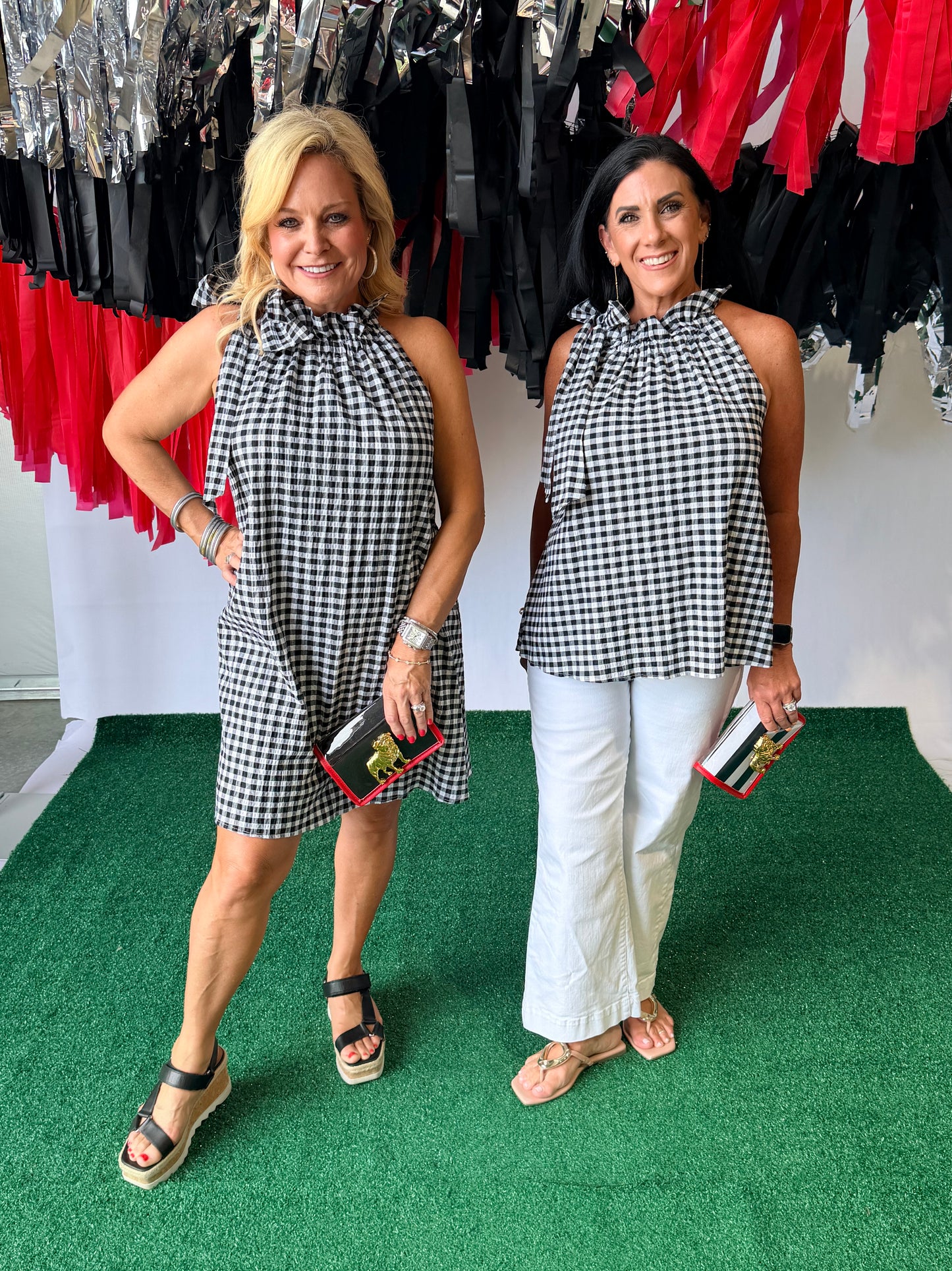 Black and white gingham swing dress with bow