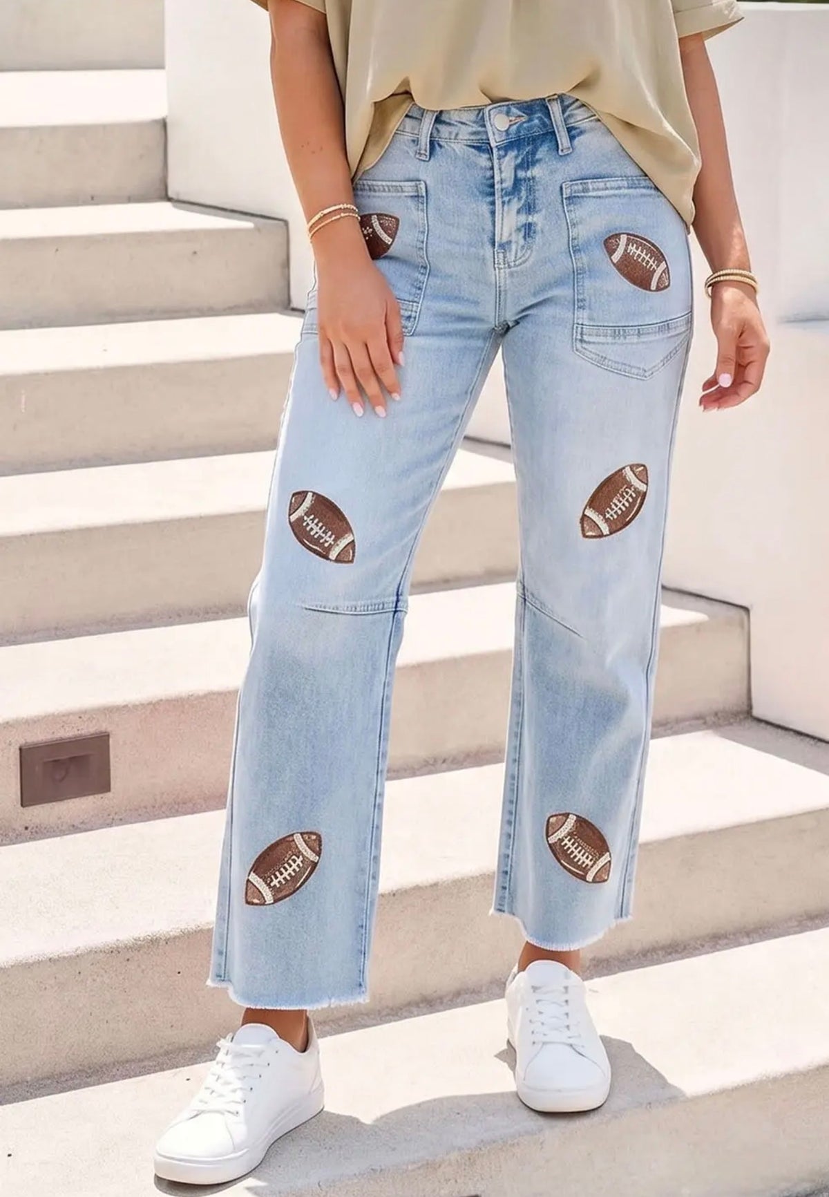 Denim jeans brown football patch. Up to plus size