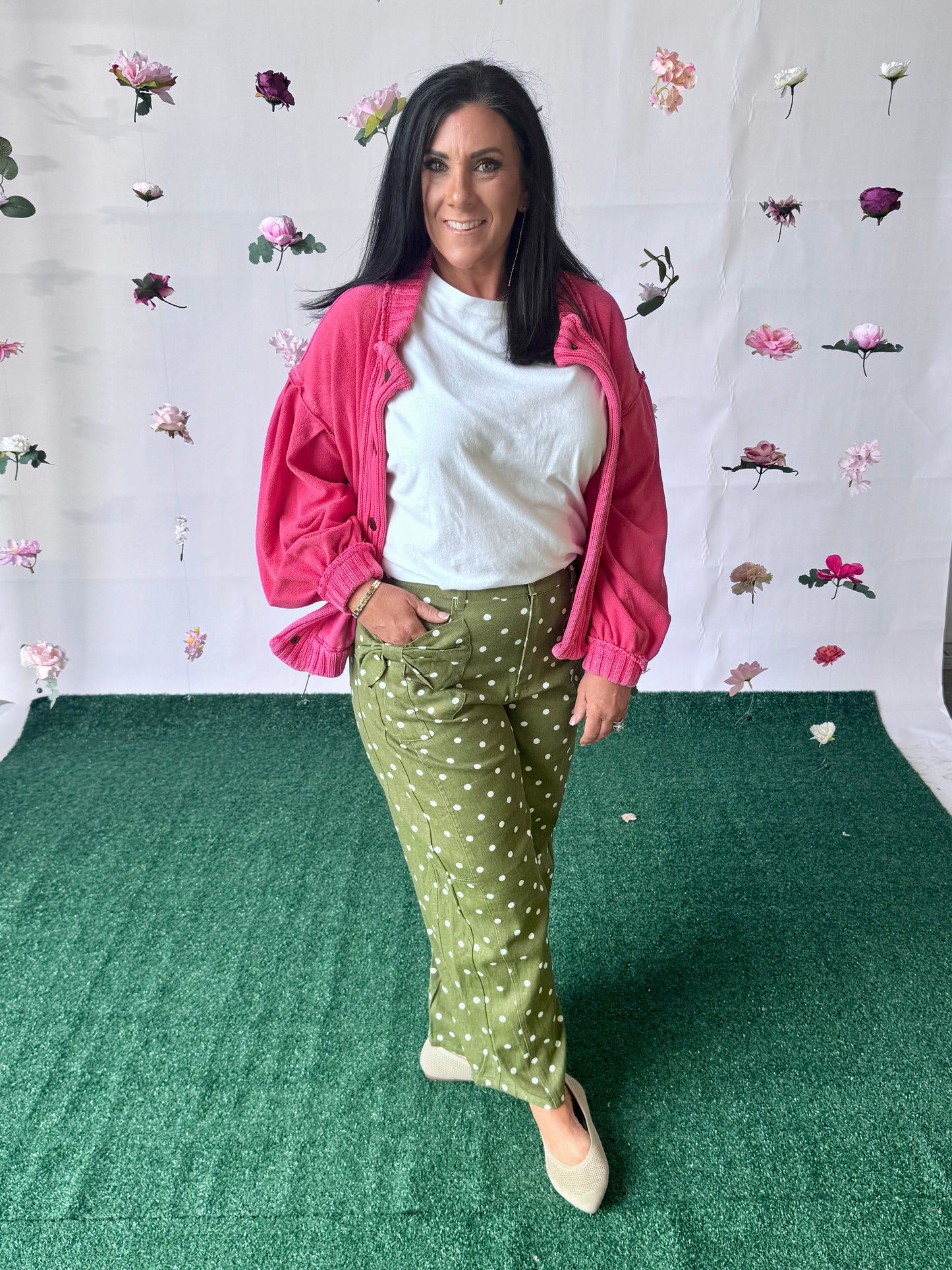 Olive green polka dot barrel pants up to 3X