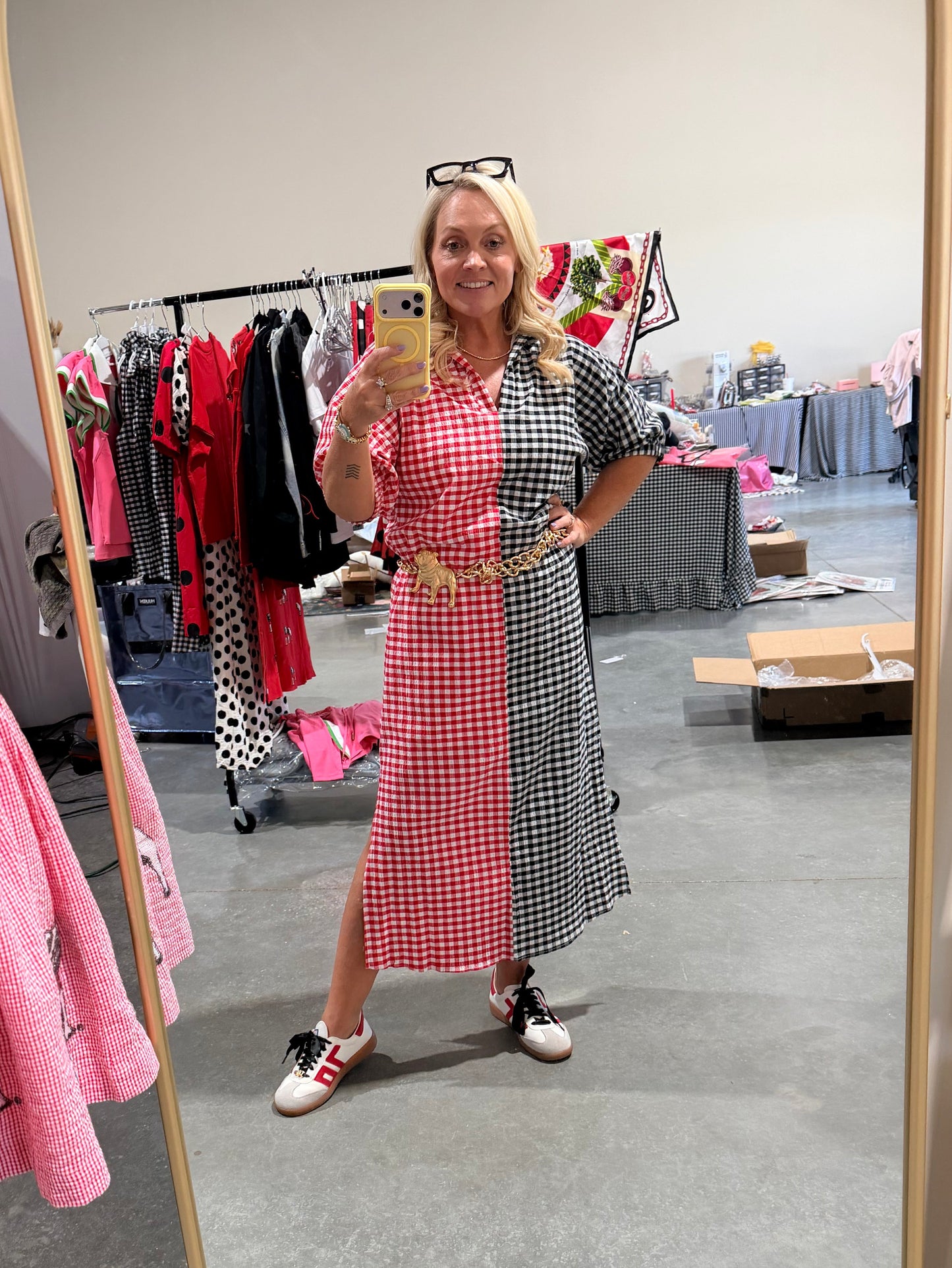 Gingham red and black maxi shirt dress