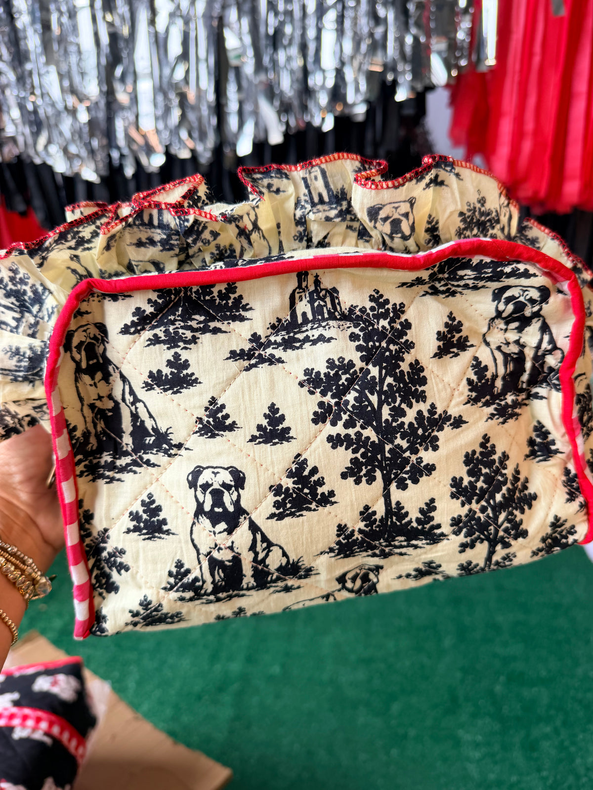Exclusive bulldog toile cosmetic bag with ruffle