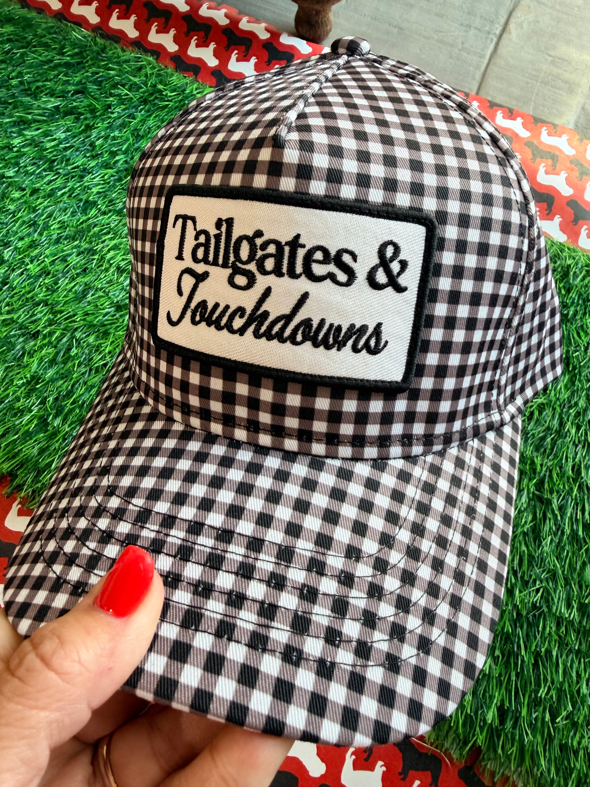 Red and white gingham hat