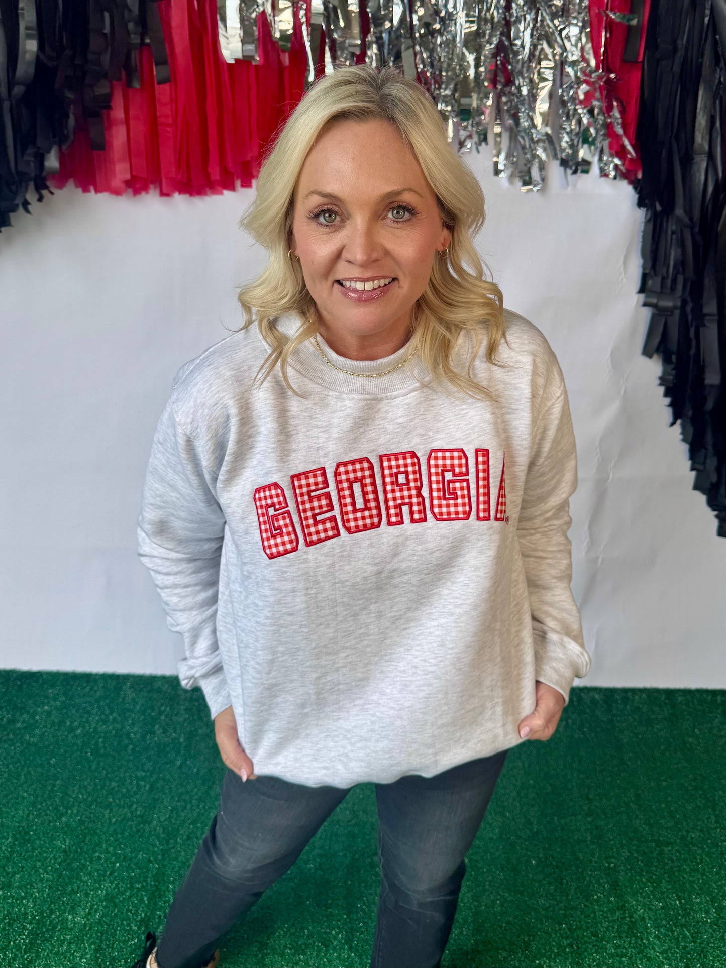 Licensed mock neck ash gray gingham embroidered Georgia