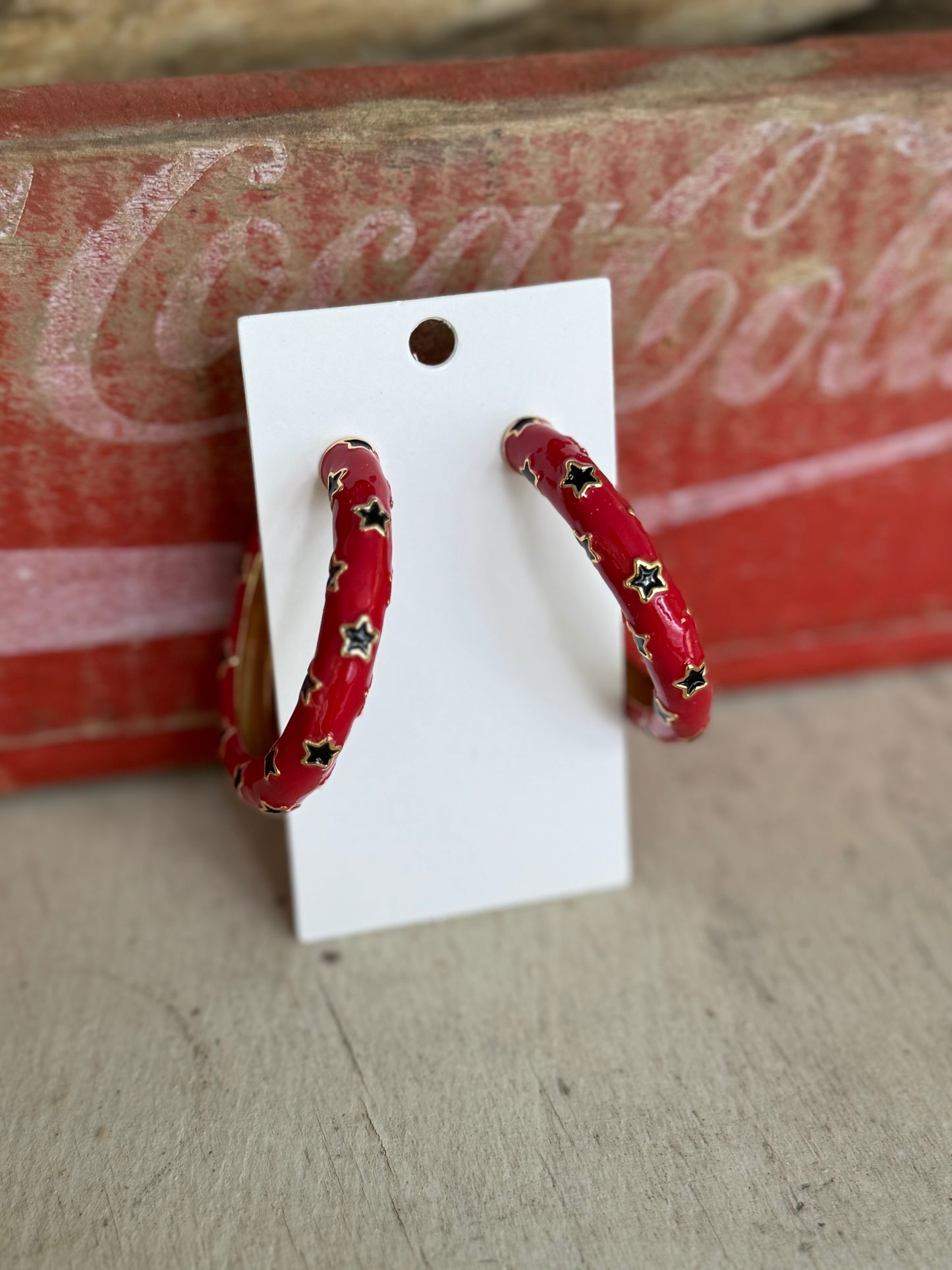 Metal large hoops red with black stars