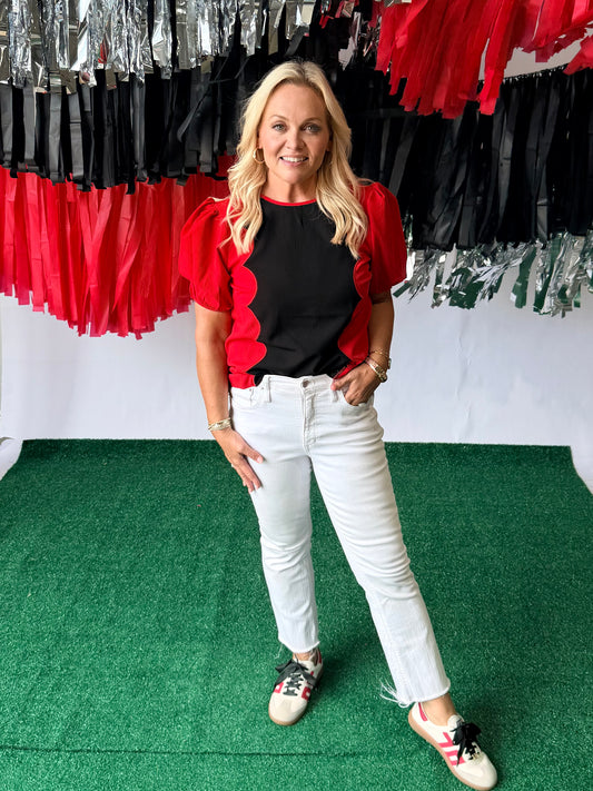 Wave scalloped black and red blouse