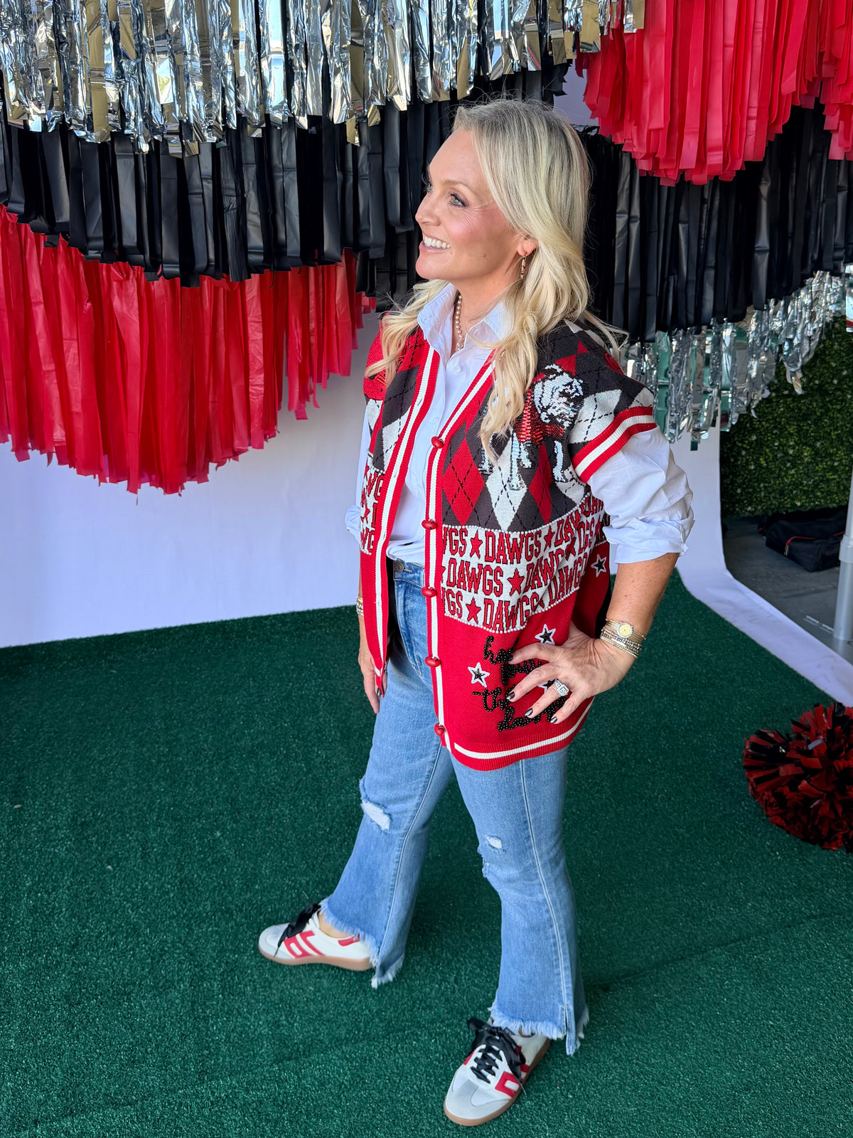 Licensed sweater cardigan with pearls and sequins