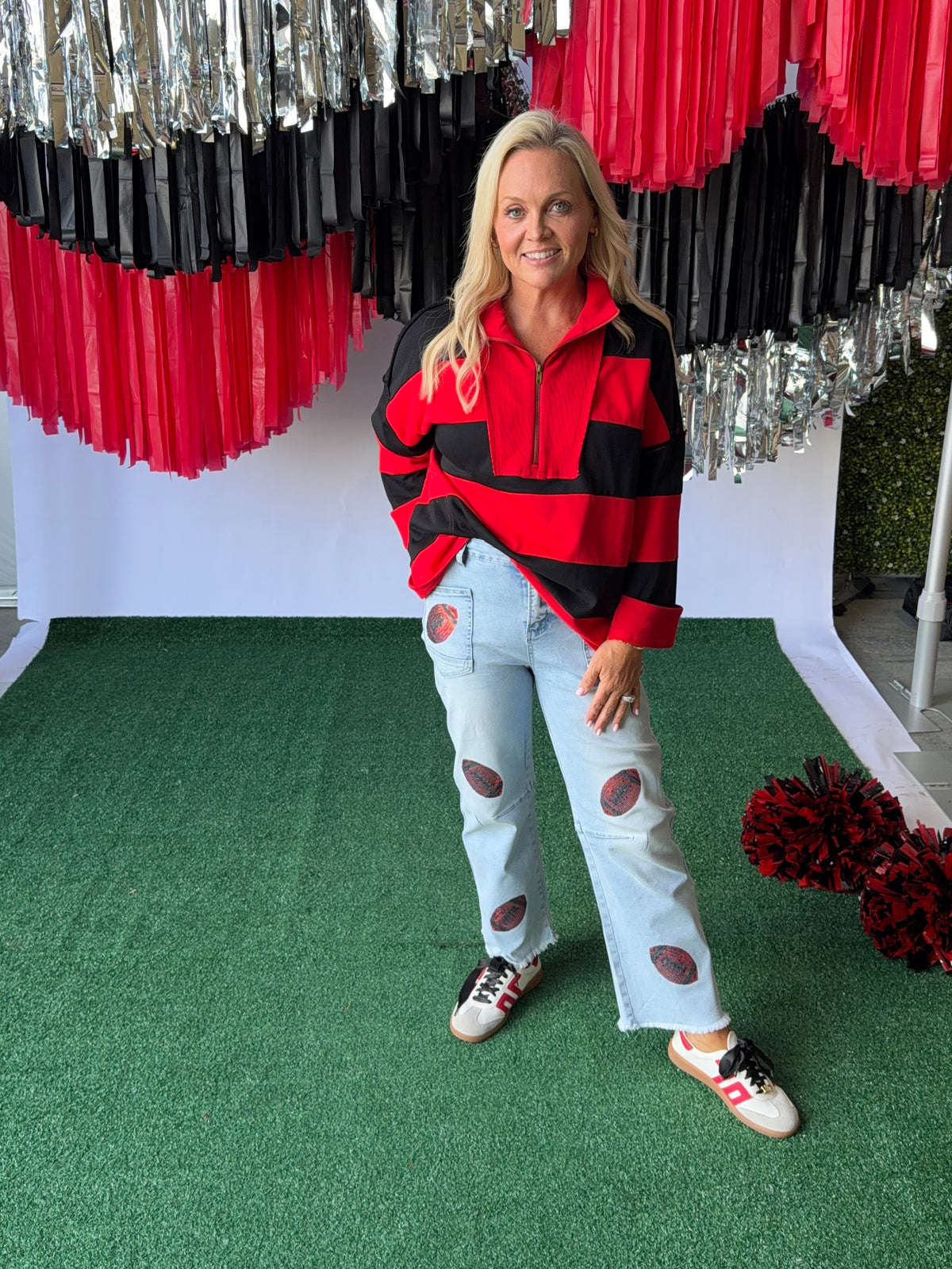 Denim jeans sequin red footballs