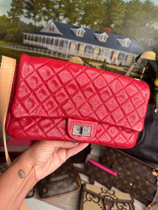 pre loved Chanel Red Hishige Caviar Shoulder Bag Silver Shoulder Back Bag Red Shoulder Bag Caviar (grained Calf) AB