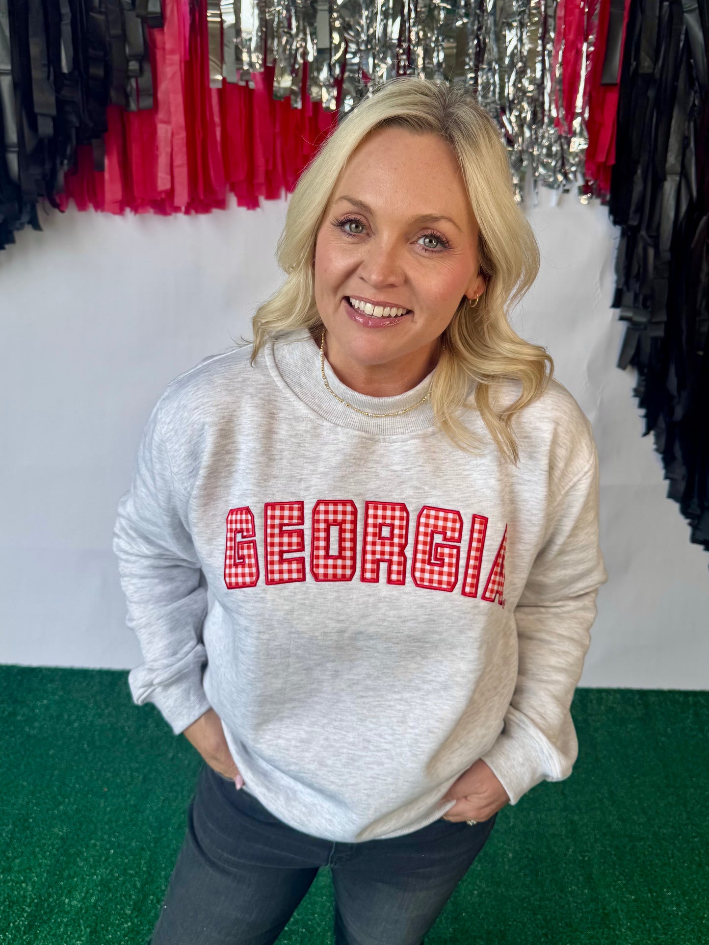 Licensed mock neck ash gray gingham embroidered Georgia