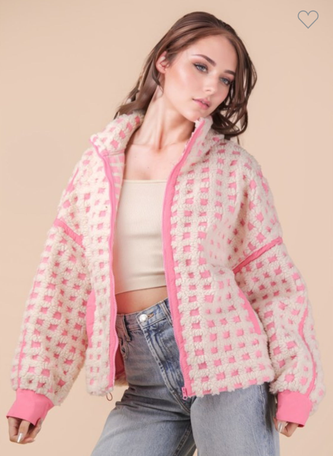 Pink and cream checked Sherpa jacket