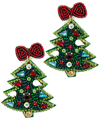 Christmas earrings green trees red bow