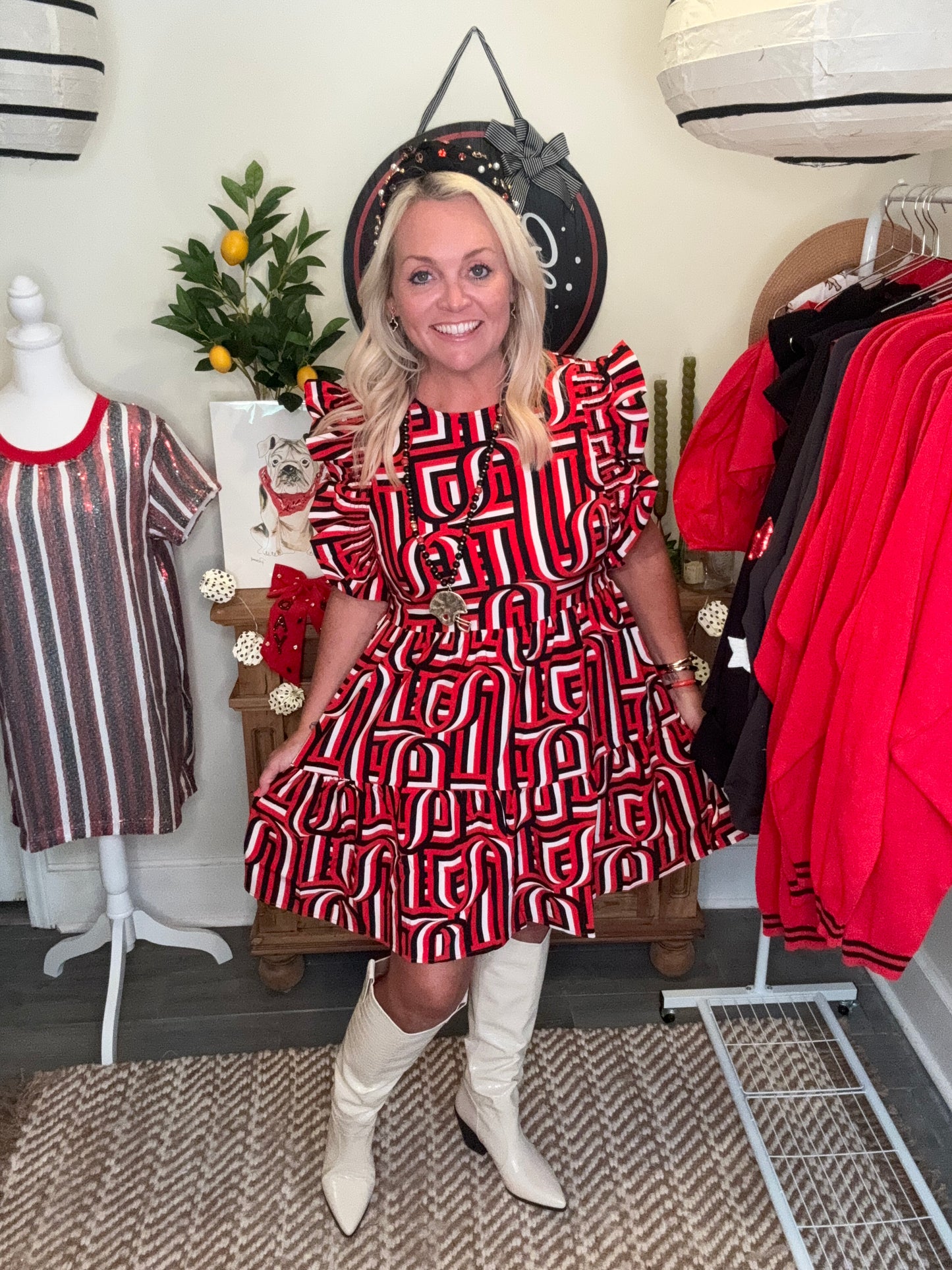 Dress black and red geo ruffle sleeve