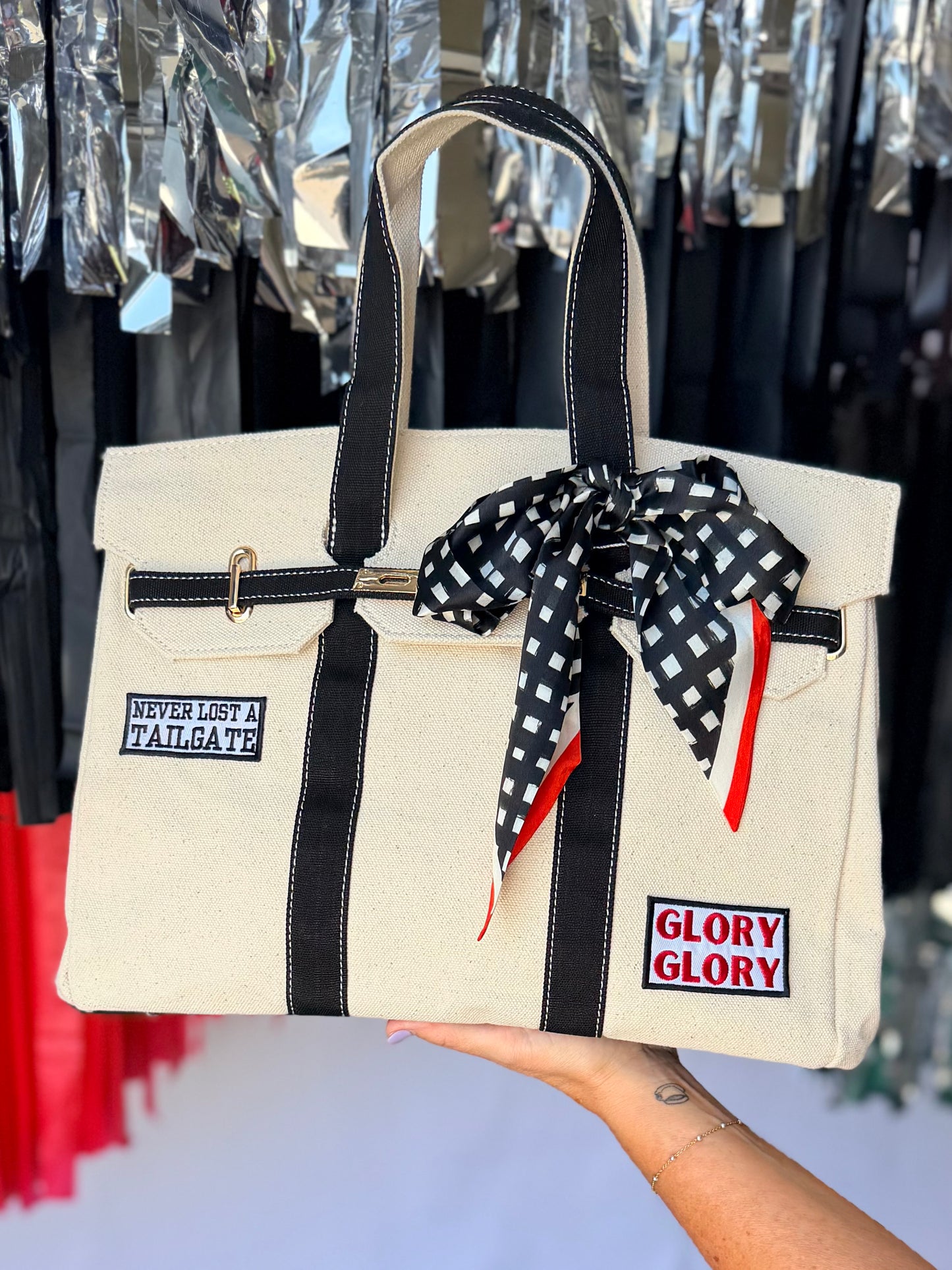 Game day luxury game day tote with patches and scarf exclusive