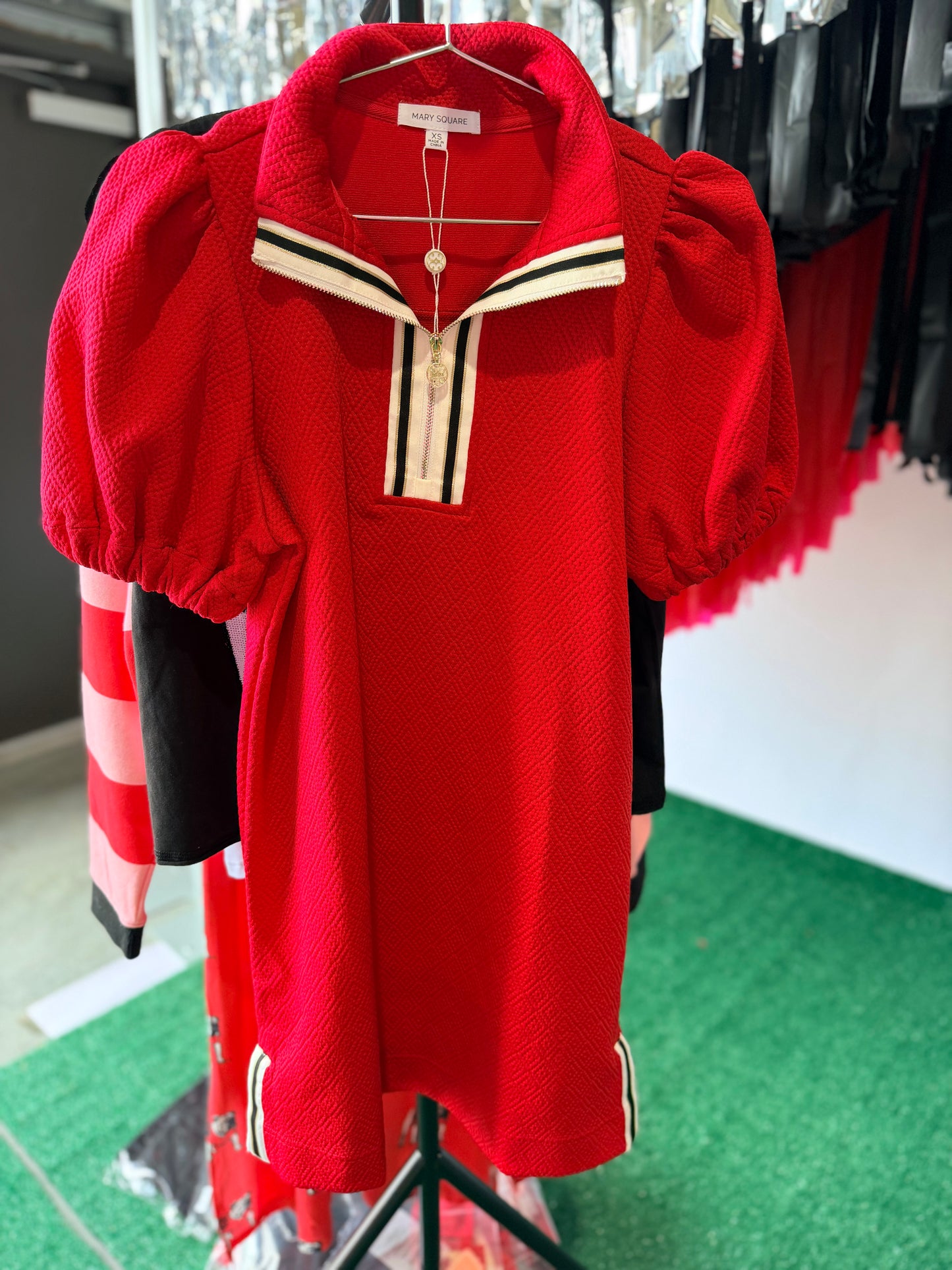 Red active wear style dress with trim
