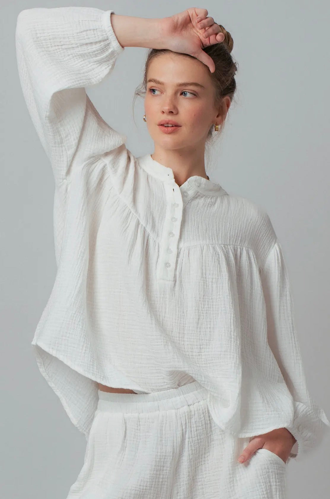 White gauze flowy top and matching shorts