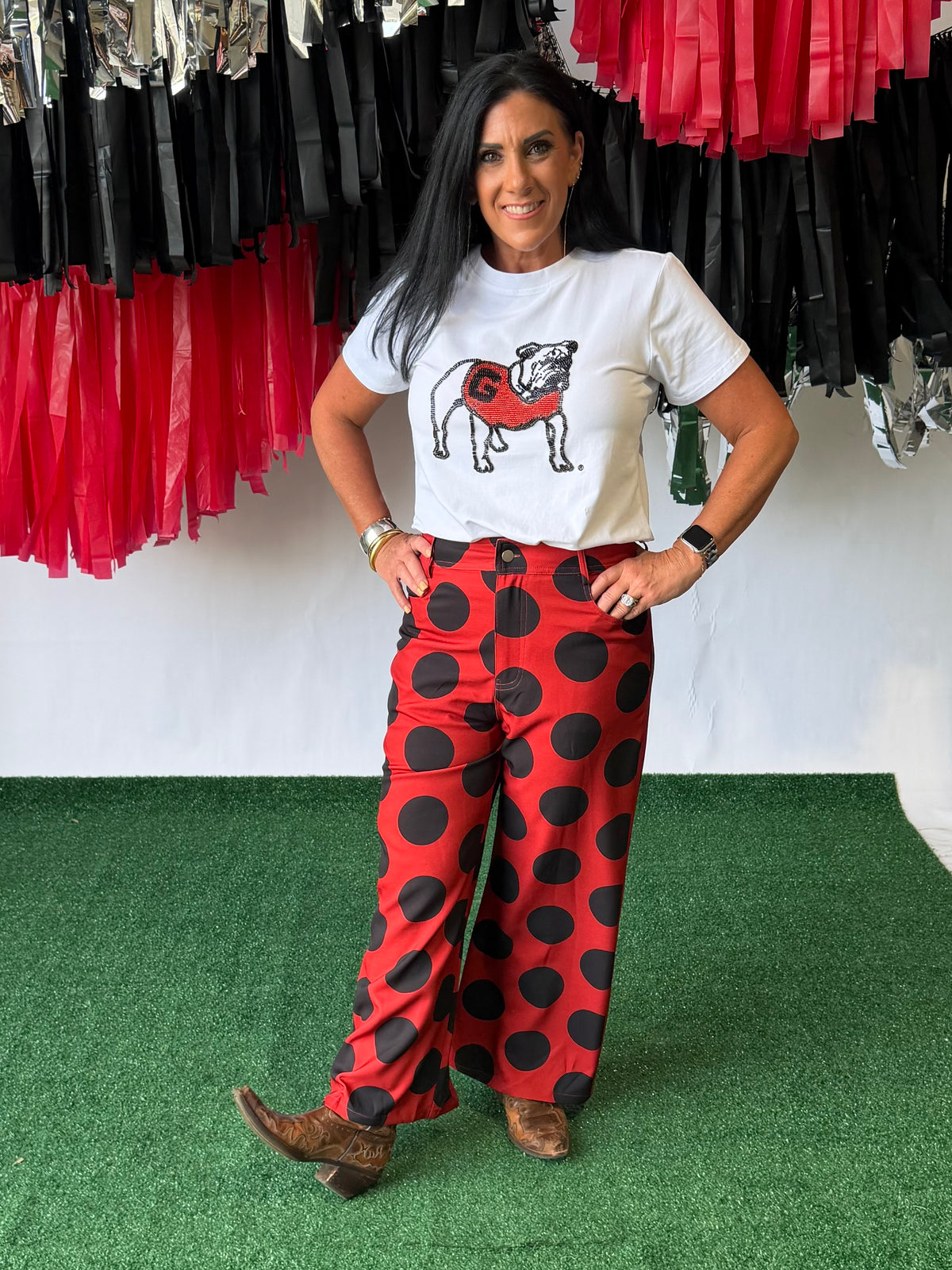 Black and red polka dot pants