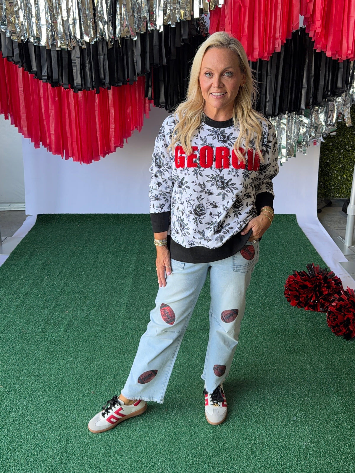 Denim jeans sequin red footballs