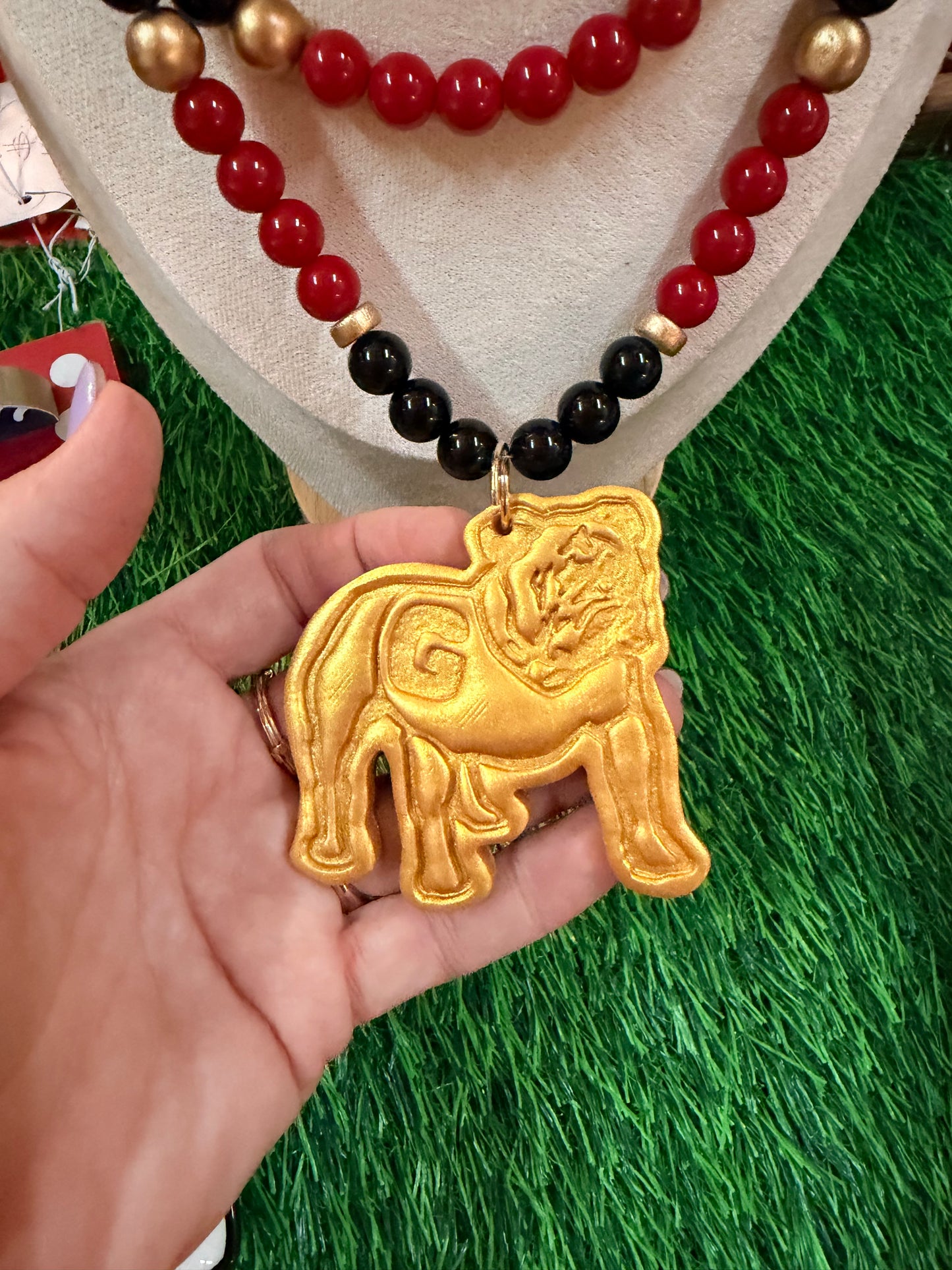 Handmade gold bulldog double strand necklace