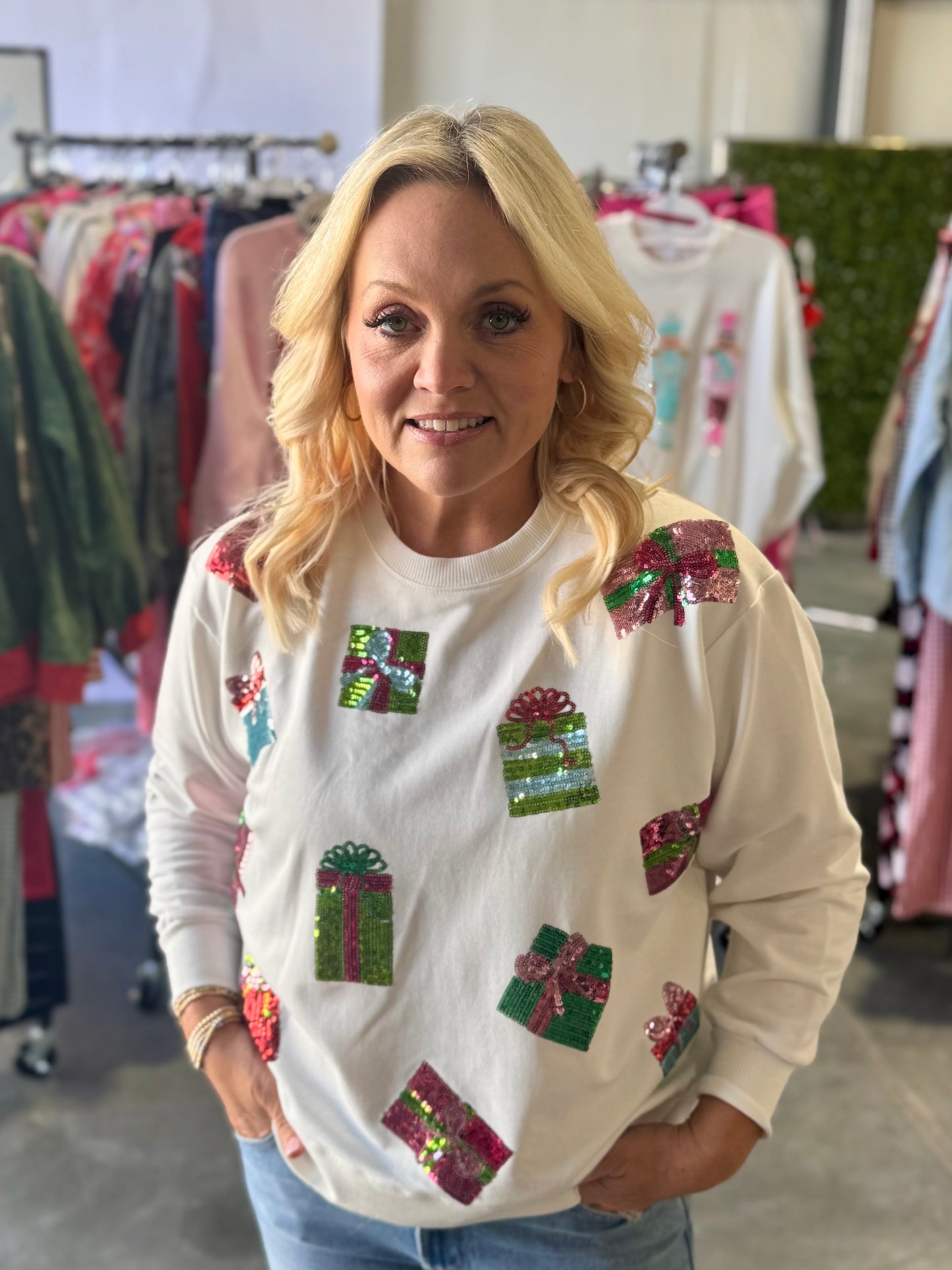 Sequin Christmas present boutique style sweatshirt